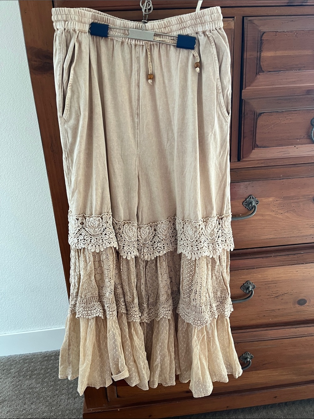 Young Threads Boho Crochet Tiered Maxi Pants - Cream NWT